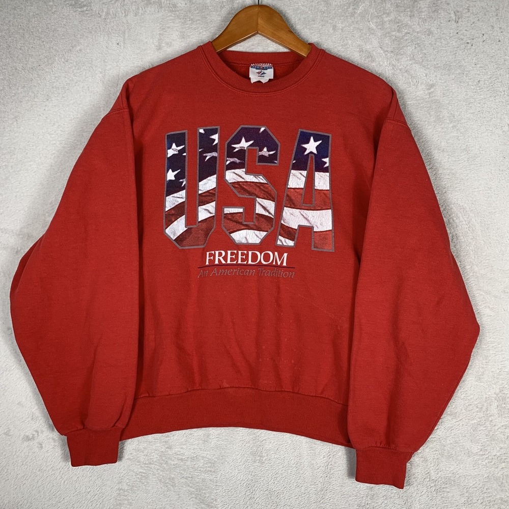 Vintage Jerzees Sweatshirt Mens Medium Red USA Freedom Patriotic Graphic 90s